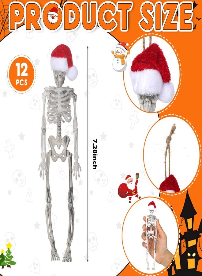 Silipull 12 Pcs Christmas Skeleton Figurine with Santa Hat 7.3 Inch Skeleton Santa Claus Tree Hanging Ornament Mini Skeletons Figurines for Christmas Indoor Outdoor Party Decoration - Image 2